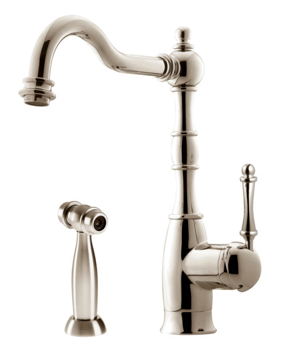Houzer Kitchen Faucet – Nottingham Traditional Brass Single Lever Faucet with Side Spray in Rose Gold and Polished Nickel