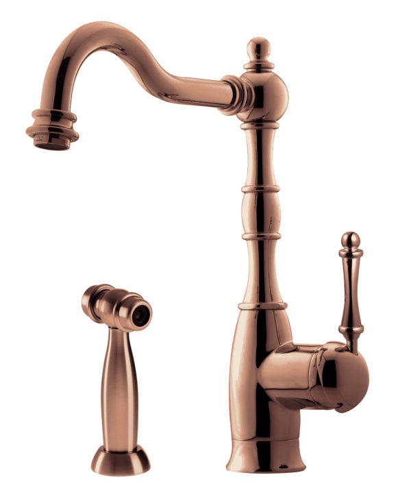 Houzer Kitchen Faucet – Nottingham Traditional Brass Single Lever Faucet with Side Spray in Rose Gold and Polished Nickel