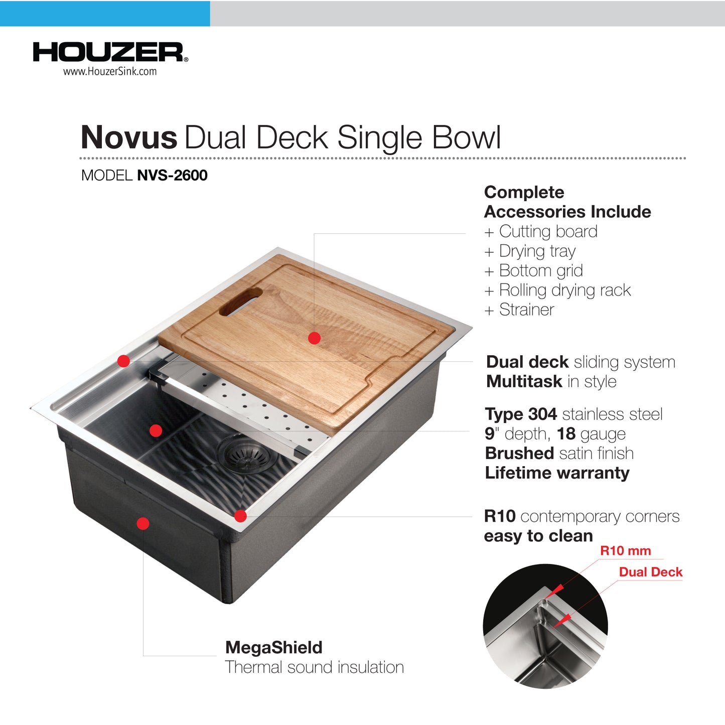 Houzer 26 inch Novus 18 Gauge Stainless Steel Undermount Dual Platform Workstation Kitchen Sink with Accessories- NVS-2600