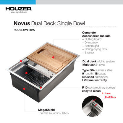 Houzer 26 inch Novus 18 Gauge Stainless Steel Undermount Dual Platform Workstation Kitchen Sink with Accessories- NVS-2600
