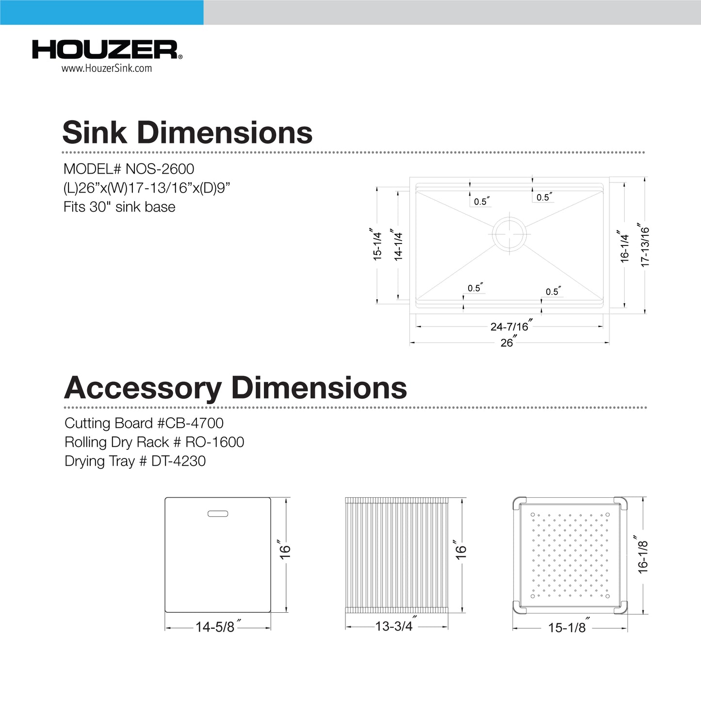 Houzer 26 inch Novus 18 Gauge Stainless Steel Undermount Dual Platform Workstation Kitchen Sink with Accessories- NVS-2600