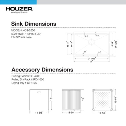 Houzer 26 inch Novus 18 Gauge Stainless Steel Undermount Dual Platform Workstation Kitchen Sink with Accessories- NVS-2600