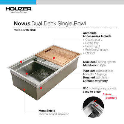 Houzer 32 inch Novus 18 Gauge Stainless Steel Undermount Dual Platform Workstation Kitchen Sink with Accessories - NVS-5200