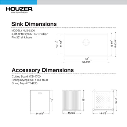Houzer 32 inch Novus 18 Gauge Stainless Steel Undermount Dual Platform Workstation Kitchen Sink with Accessories - NVS-5200