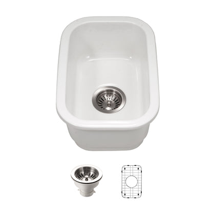 Houzer Platus 13 inch Fireclay Undermount Single Bowl Bar Sink with Strainer & Grid - PTB-1318