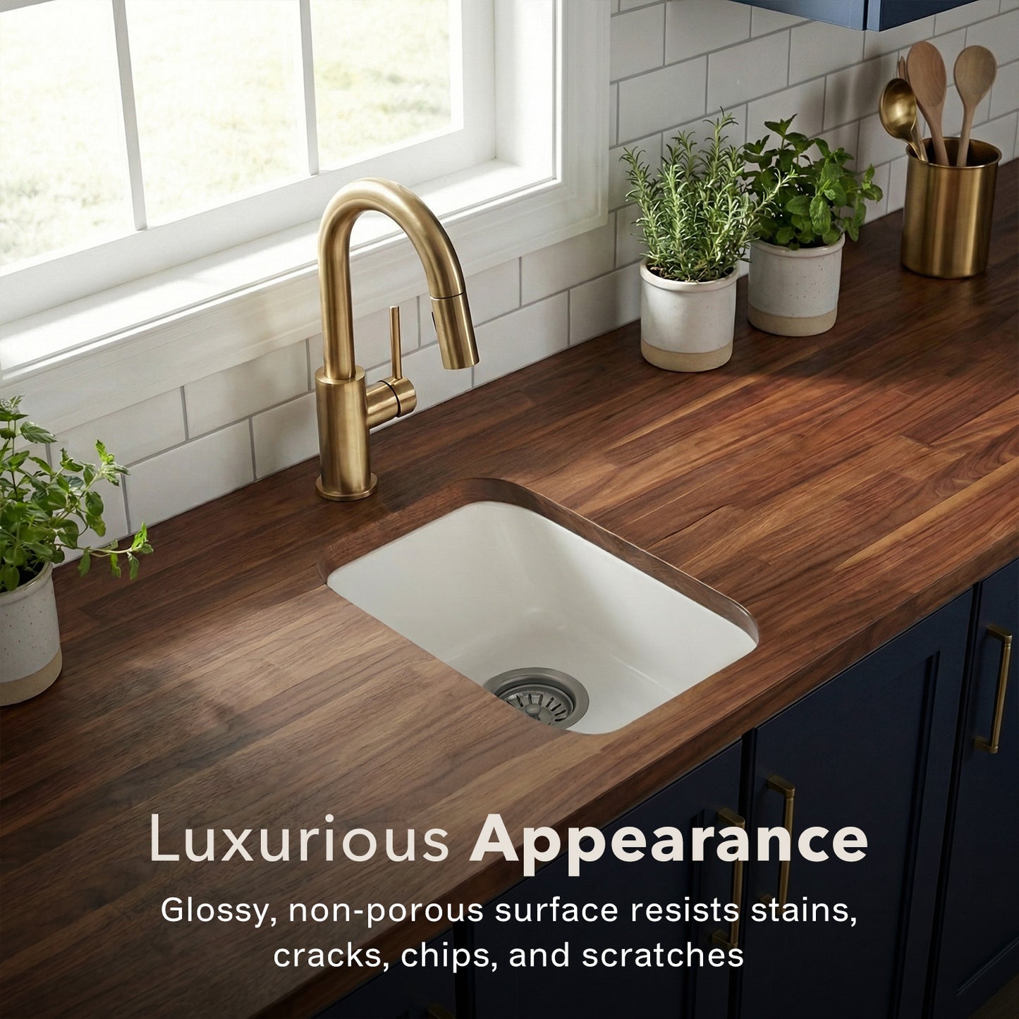 Houzer Platus 13 inch Fireclay Undermount Single Bowl Bar Sink with Strainer & Grid - PTB-1318