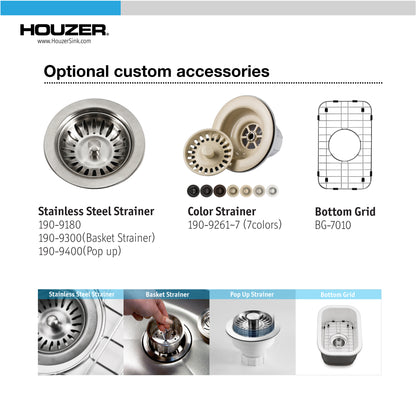 Houzer Platus 13 inch Fireclay Undermount Single Bowl Bar Sink with Strainer & Grid - PTB-1318