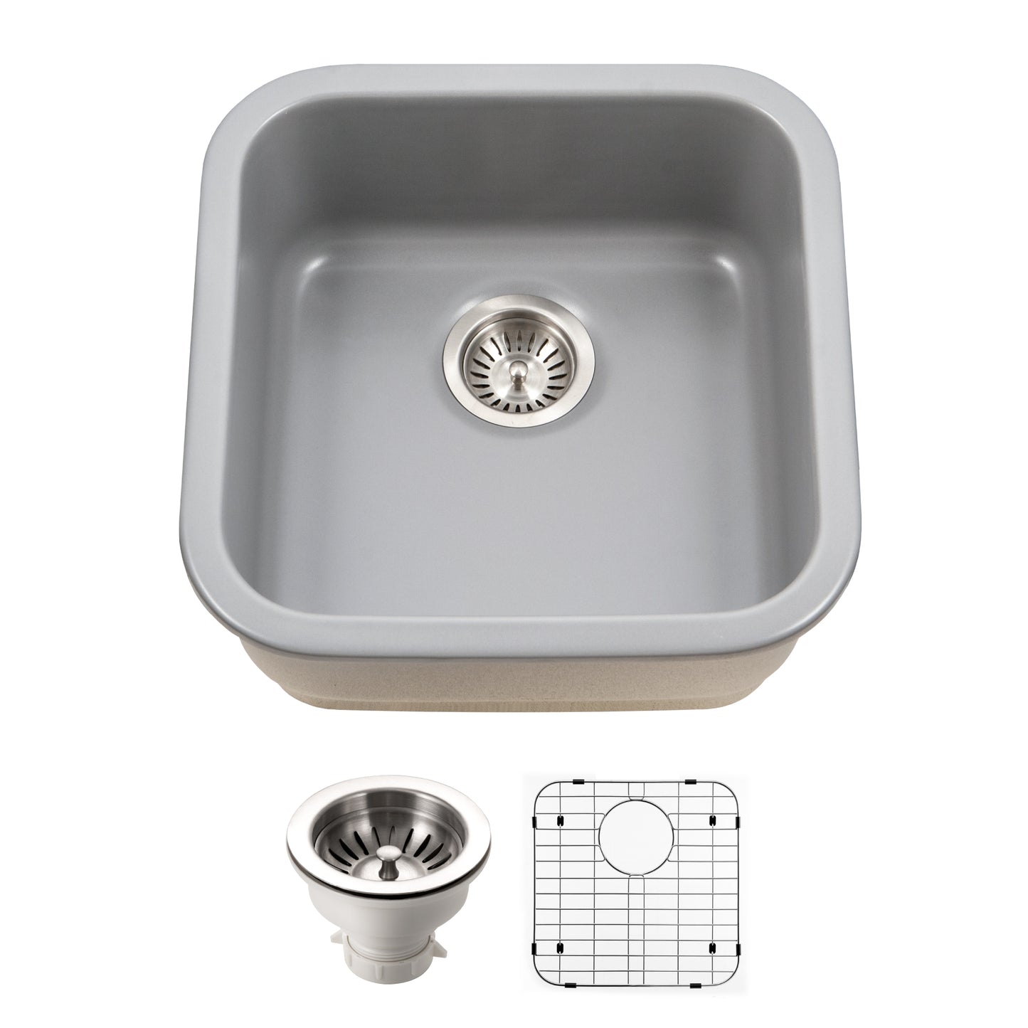 Houzer Platus 19 inch Fireclay Undermount Square Bar Sink with Strainer & Grid- PTB-1919