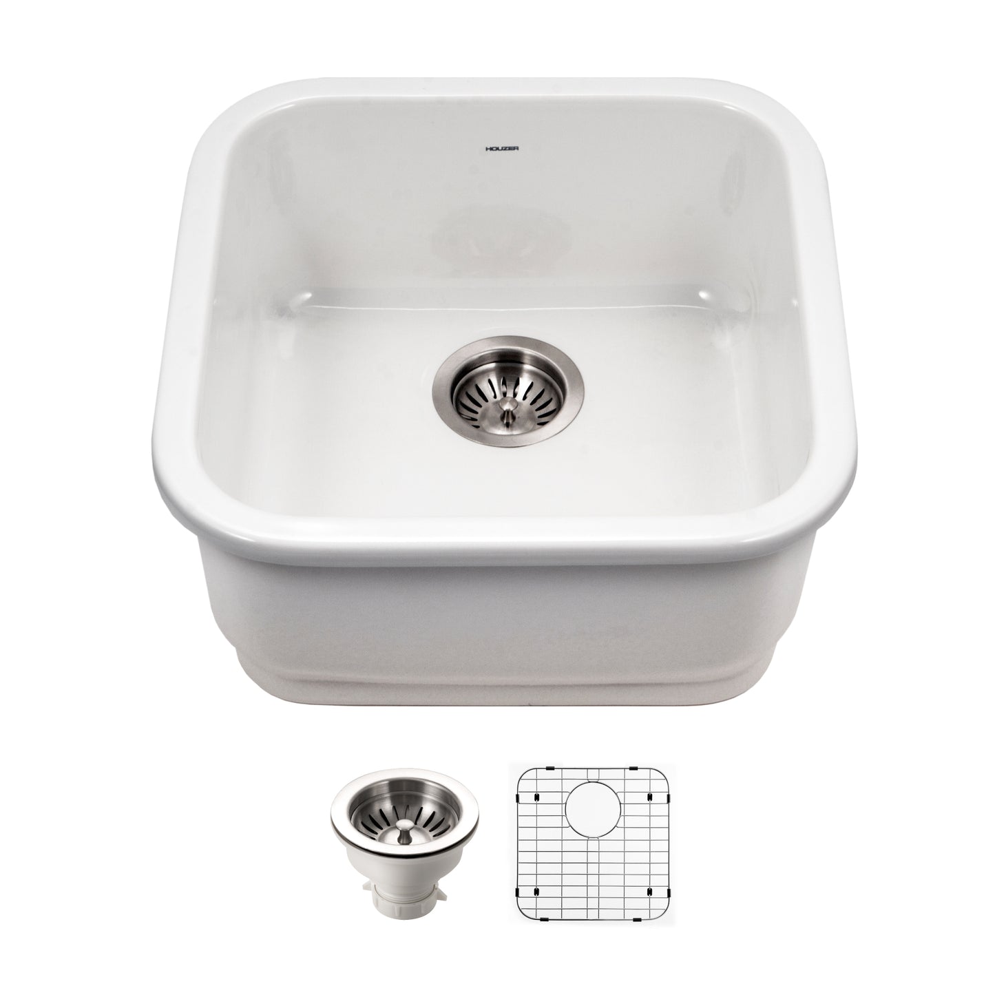 Houzer Platus 19 inch Fireclay Undermount Square Bar Sink with Strainer & Grid- PTB-1919