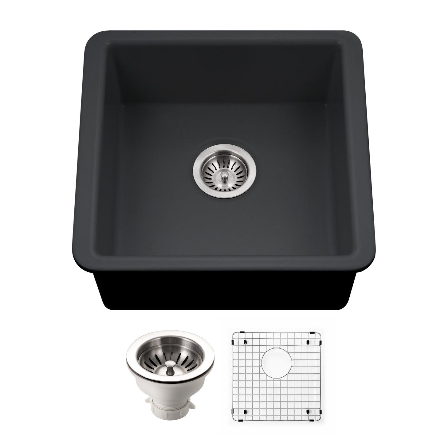 Houzer Platus 20 inch Fireclay Undermount Square Single Bowl Bar Sink - PTB-2020 with Basket Strainer and Basin Grid Included