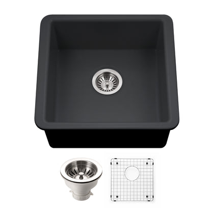 Houzer Platus 20 inch Fireclay Undermount Square Single Bowl Bar Sink - PTB-2020 with Basket Strainer and Basin Grid Included