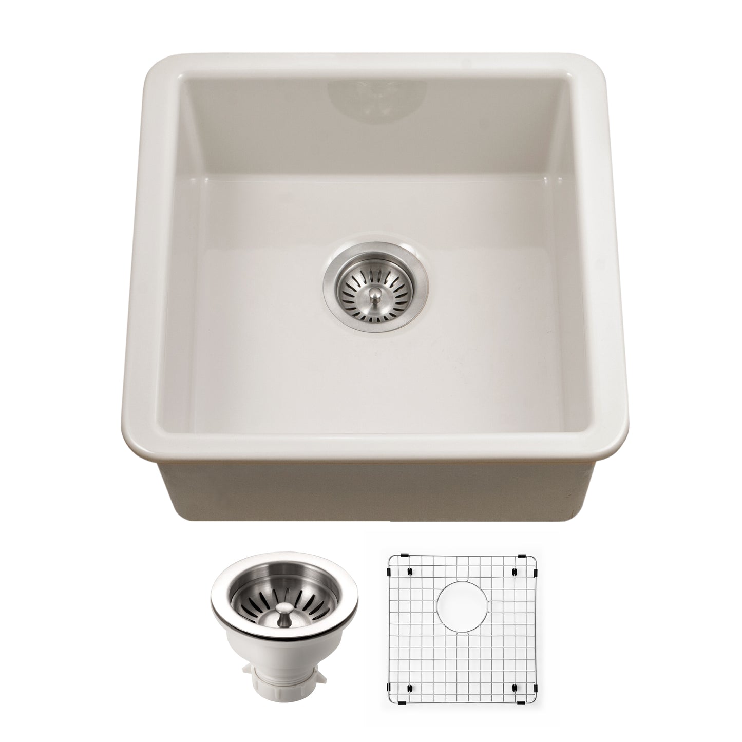 Houzer Platus 20 inch Fireclay Undermount Square Single Bowl Bar Sink - PTB-2020 with Basket Strainer and Basin Grid Included