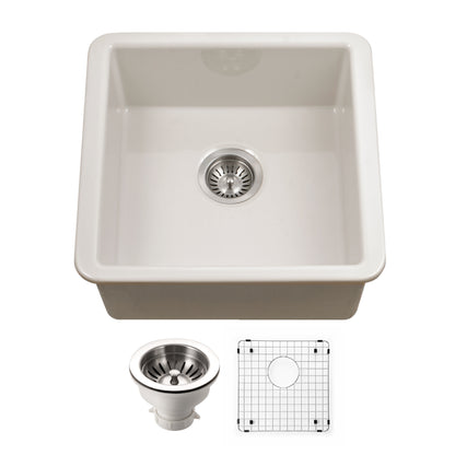 Houzer Platus 20 inch Fireclay Undermount Square Single Bowl Bar Sink - PTB-2020 with Basket Strainer and Basin Grid Included
