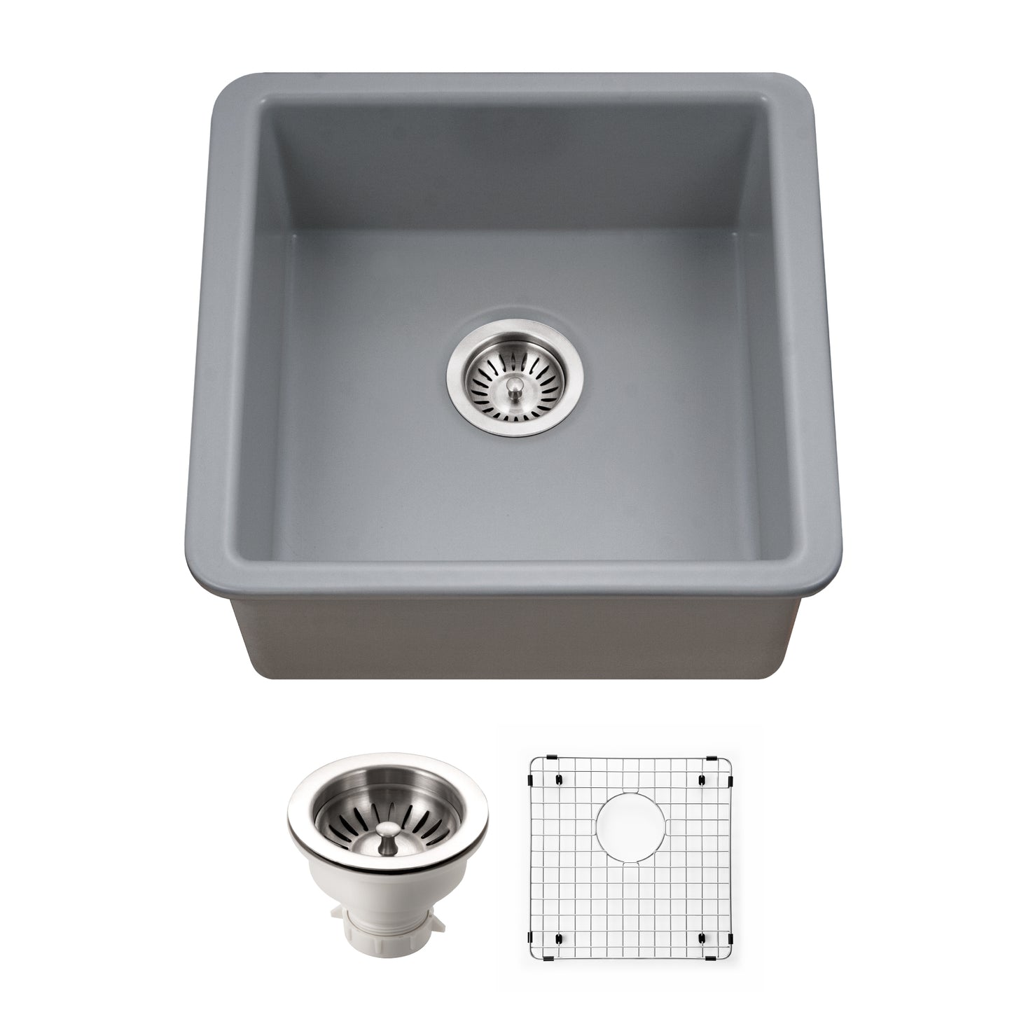 Houzer Platus 20 inch Fireclay Undermount Square Single Bowl Bar Sink - PTB-2020 with Basket Strainer and Basin Grid Included