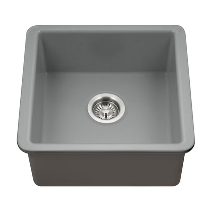 Houzer Platus 20 inch Fireclay Undermount Square Single Bowl Bar Sink - PTB-2020 with Basket Strainer and Basin Grid Included