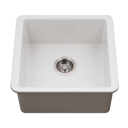 Houzer Platus 20 inch Fireclay Undermount Square Single Bowl Bar Sink - PTB-2020 with Basket Strainer and Basin Grid Included