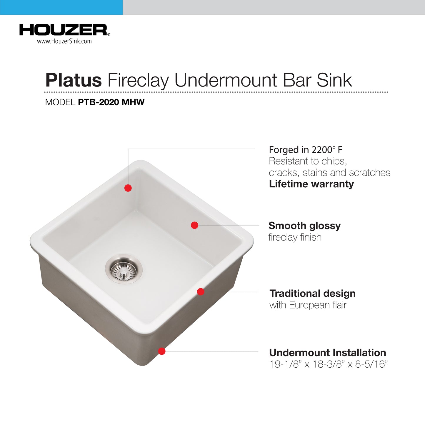 Houzer Platus 20 inch Fireclay Undermount Square Single Bowl Bar Sink - PTB-2020 with Basket Strainer and Basin Grid Included