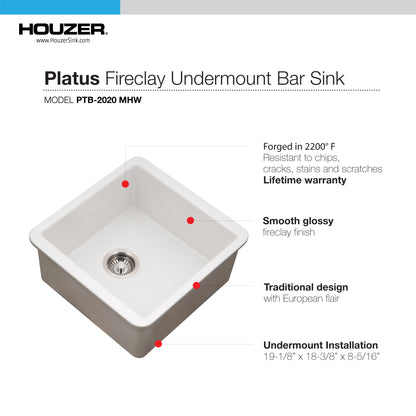 Houzer Platus 20 inch Fireclay Undermount Square Single Bowl Bar Sink - PTB-2020 with Basket Strainer and Basin Grid Included