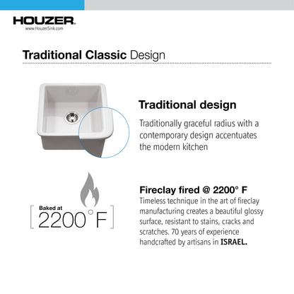 Houzer Platus 20 inch Fireclay Undermount Square Single Bowl Bar Sink - PTB-2020 with Basket Strainer and Basin Grid Included
