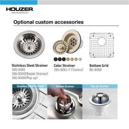 Houzer Platus 20 inch Fireclay Undermount Square Single Bowl Bar Sink - PTB-2020 with Basket Strainer and Basin Grid Included