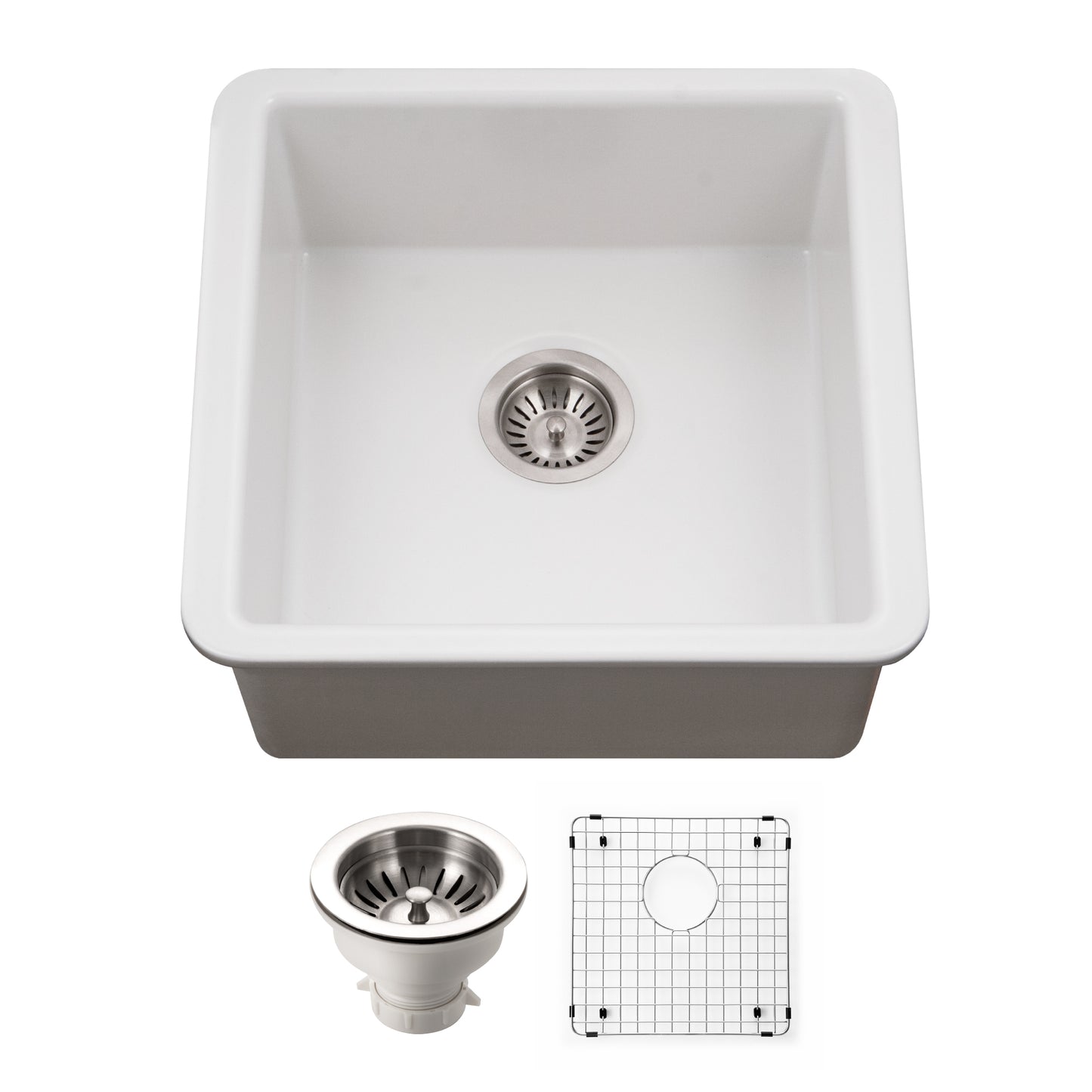 Houzer Platus 20 inch Fireclay Undermount Square Single Bowl Bar Sink - PTB-2020 with Basket Strainer and Basin Grid Included