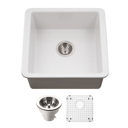 Houzer Platus 20 inch Fireclay Undermount Square Single Bowl Bar Sink - PTB-2020 with Basket Strainer and Basin Grid Included