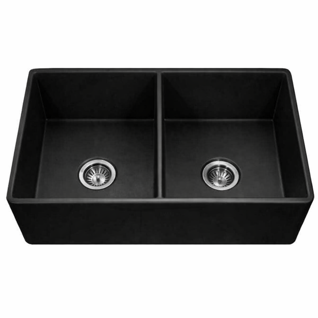 Houzer Platus 33 inch Fireclay Apron Front Farmhouse 50/50 Double Bowl Kitchen Sink with Strainer & Grids - PTD-4400