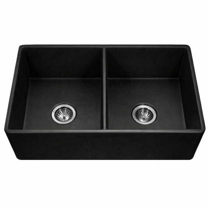Houzer Platus 33 inch Fireclay Apron Front Farmhouse 50/50 Double Bowl Kitchen Sink with Strainer & Grids - PTD-4400