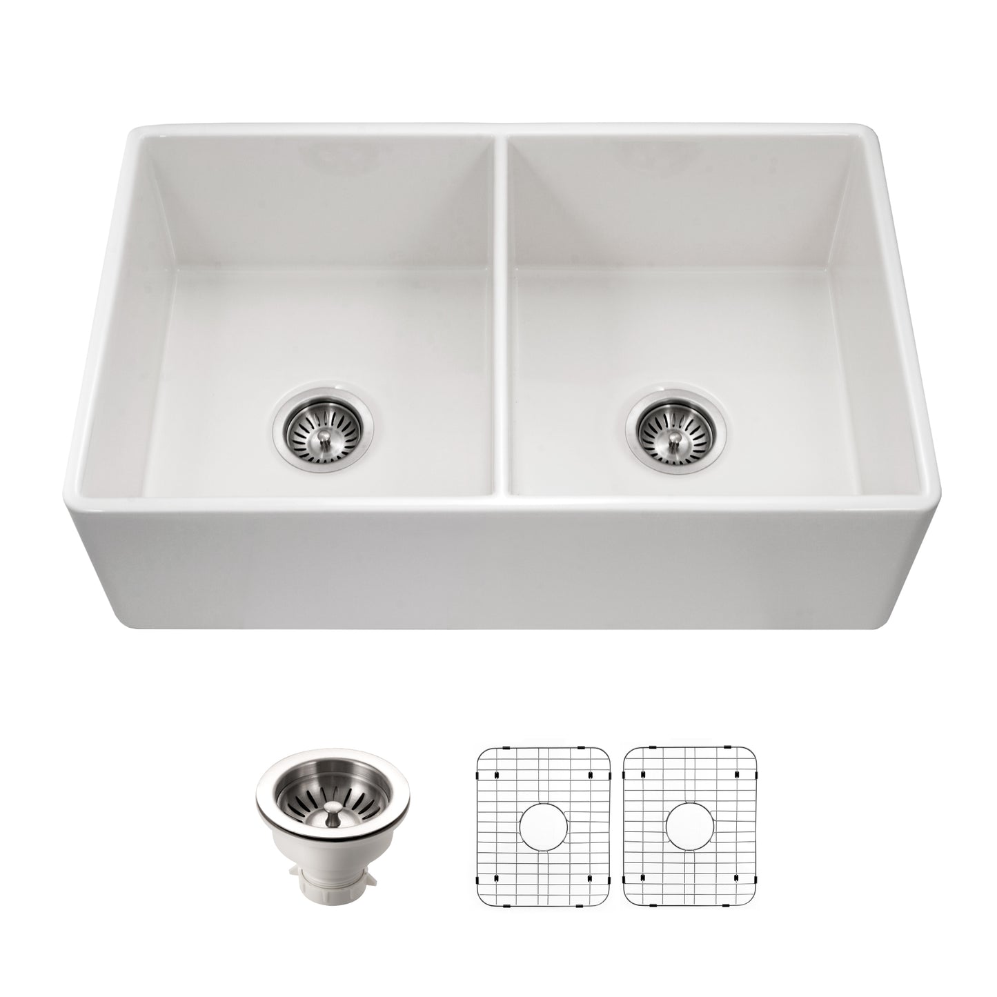 Houzer Platus 33 inch Fireclay Apron Front Farmhouse 50/50 Double Bowl Kitchen Sink with Strainer & Grids - PTD-4400