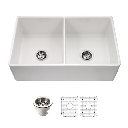 Houzer Platus 33 inch Fireclay Apron Front Farmhouse 50/50 Double Bowl Kitchen Sink with Strainer & Grids - PTD-4400