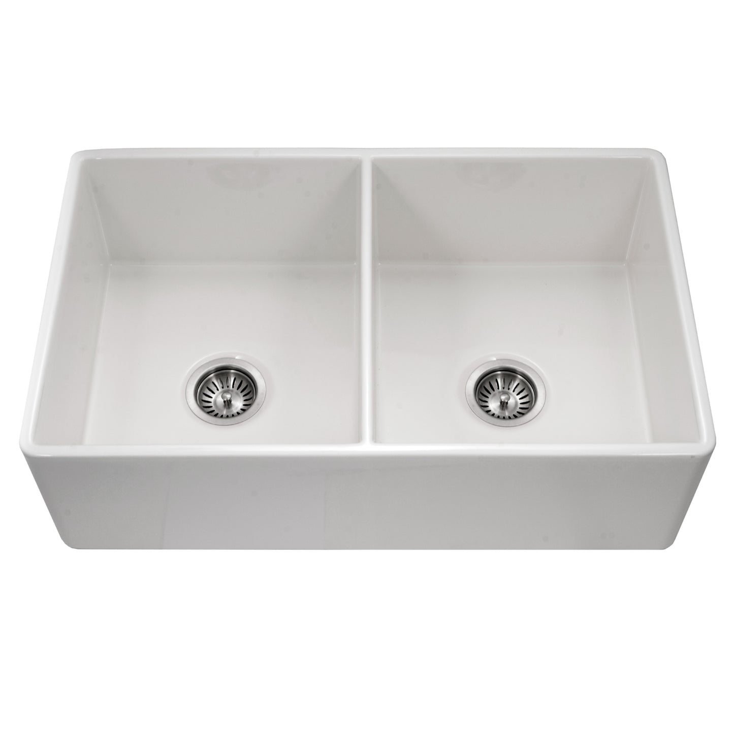 Houzer Platus 33 inch Fireclay Apron Front Farmhouse 50/50 Double Bowl Kitchen Sink with Strainer & Grids - PTD-4400