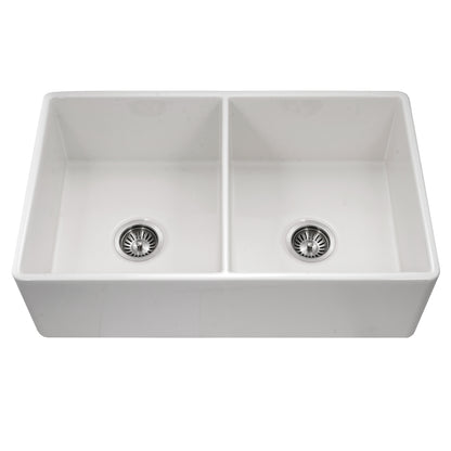 Houzer Platus 33 inch Fireclay Apron Front Farmhouse 50/50 Double Bowl Kitchen Sink with Strainer & Grids - PTD-4400