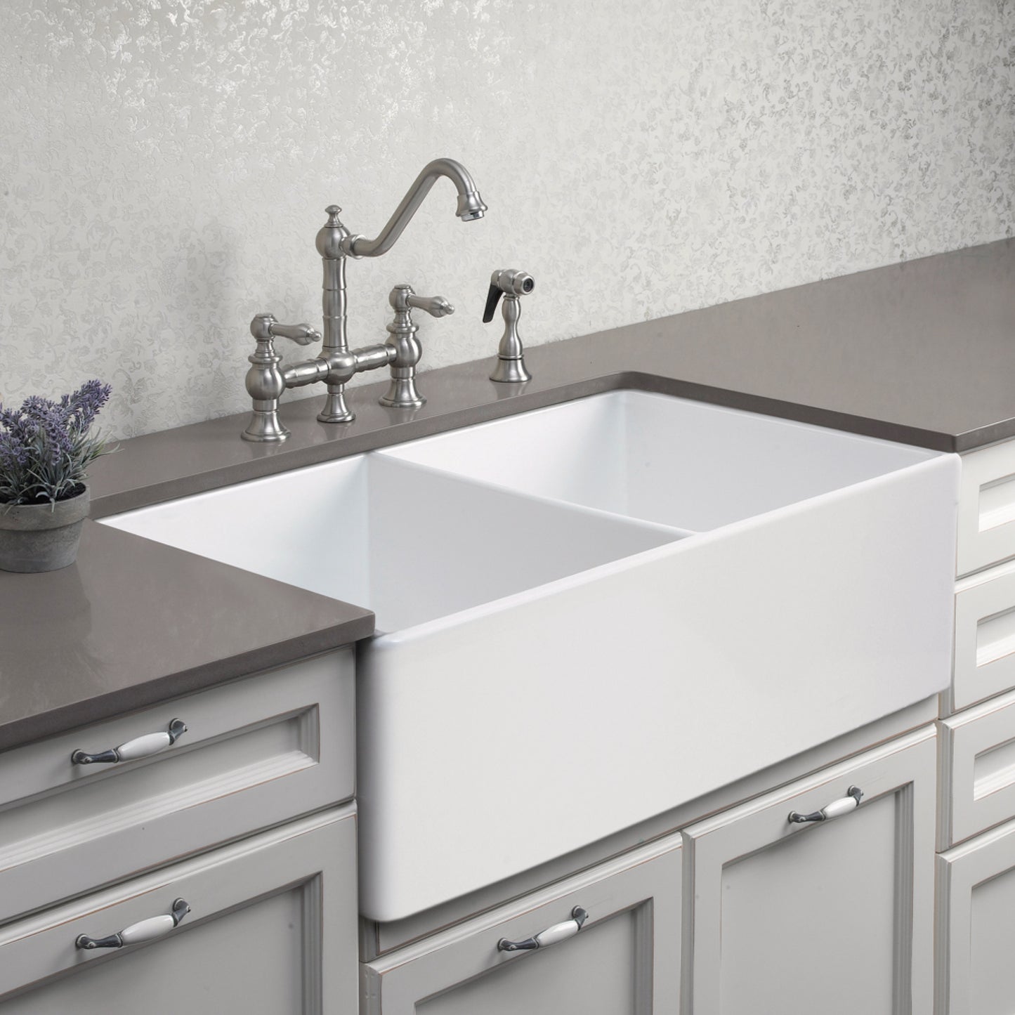 Houzer Platus 33 inch Fireclay Apron Front Farmhouse 50/50 Double Bowl Kitchen Sink with Strainer & Grids - PTD-4400