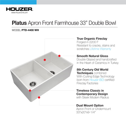 Houzer Platus 33 inch Fireclay Apron Front Farmhouse 50/50 Double Bowl Kitchen Sink with Strainer & Grids - PTD-4400