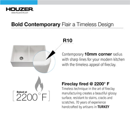 Houzer Platus 33 inch Fireclay Apron Front Farmhouse 50/50 Double Bowl Kitchen Sink with Strainer & Grids - PTD-4400