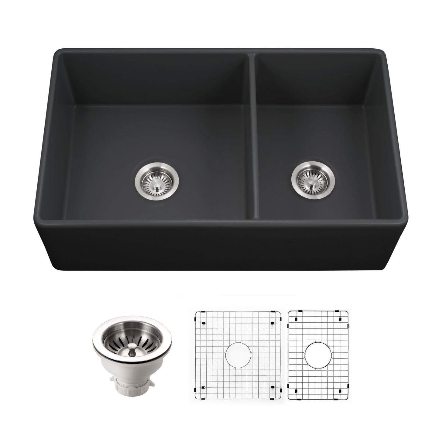 Houzer Platus 33 inch Fireclay Apron Front Farmhouse 50/50 Double Bowl Kitchen Sink with Strainer & Grids - PTD-4400