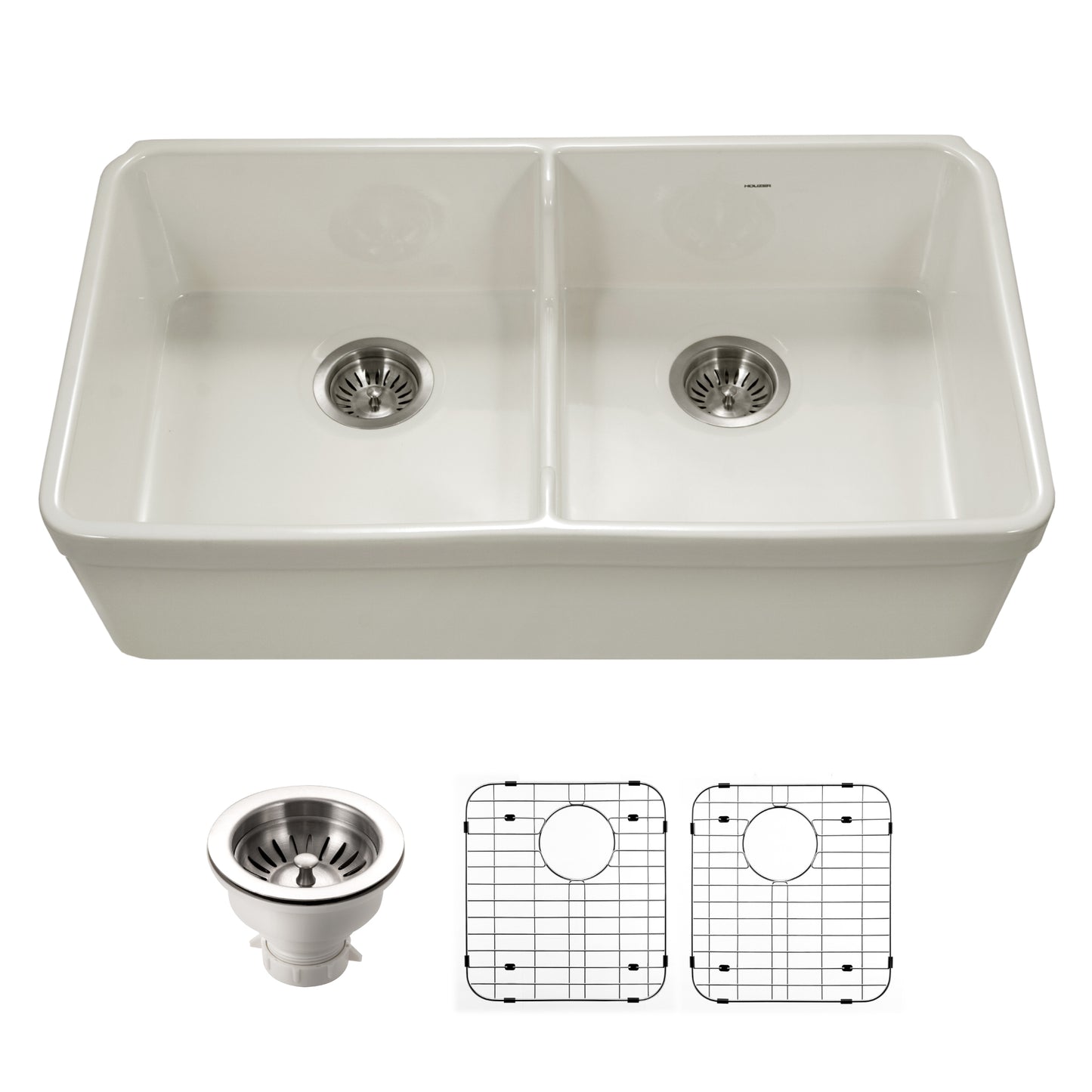 Houzer Platus 32 inch Fireclay Apron Front Farmhouse 50/50 Double Bowl Kitchen Sink with Low Divider - PTD-6400 with Basket Strainer and Basin Grids Included