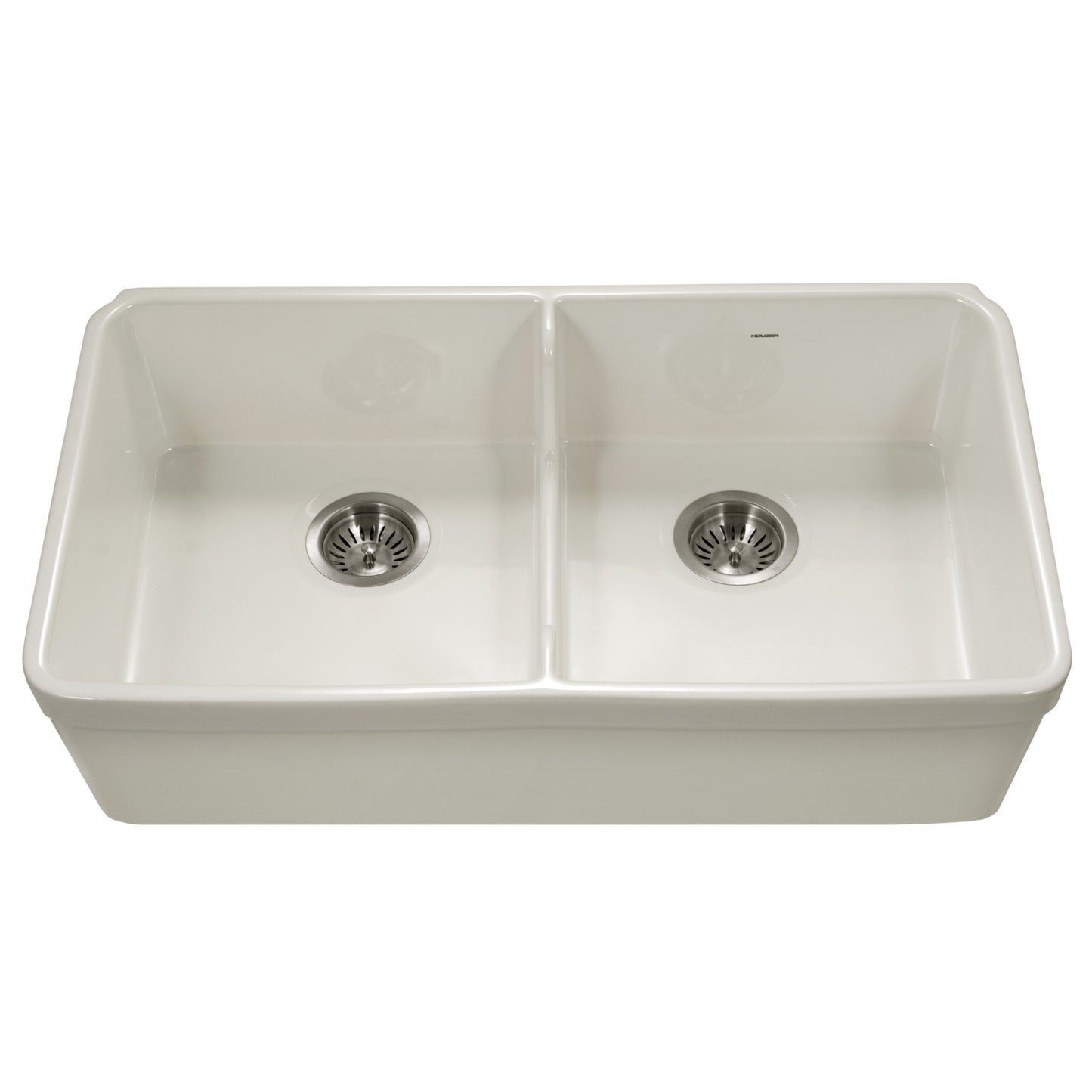 Houzer Platus 32 inch Fireclay Apron Front Farmhouse 50/50 Double Bowl Kitchen Sink with Low Divider - PTD-6400 with Basket Strainer and Basin Grids Included