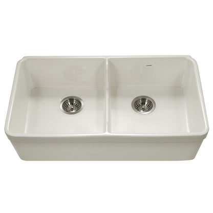 Houzer Platus 32 inch Fireclay Apron Front Farmhouse 50/50 Double Bowl Kitchen Sink with Low Divider - PTD-6400 with Basket Strainer and Basin Grids Included