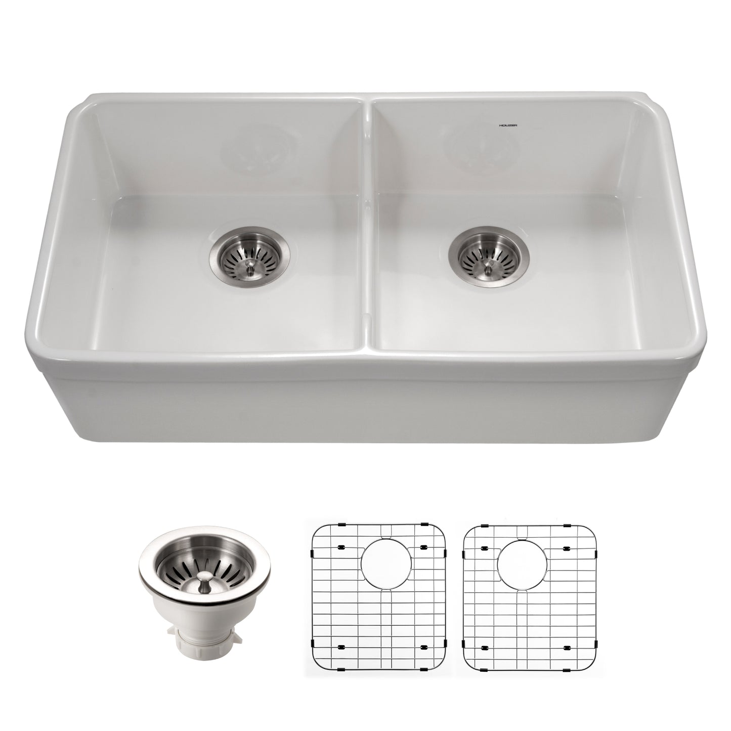 Houzer Platus 32 inch Fireclay Apron Front Farmhouse 50/50 Double Bowl Kitchen Sink with Low Divider - PTD-6400 with Basket Strainer and Basin Grids Included