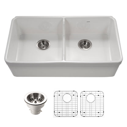 Houzer Platus 32 inch Fireclay Apron Front Farmhouse 50/50 Double Bowl Kitchen Sink with Low Divider - PTD-6400 with Basket Strainer and Basin Grids Included