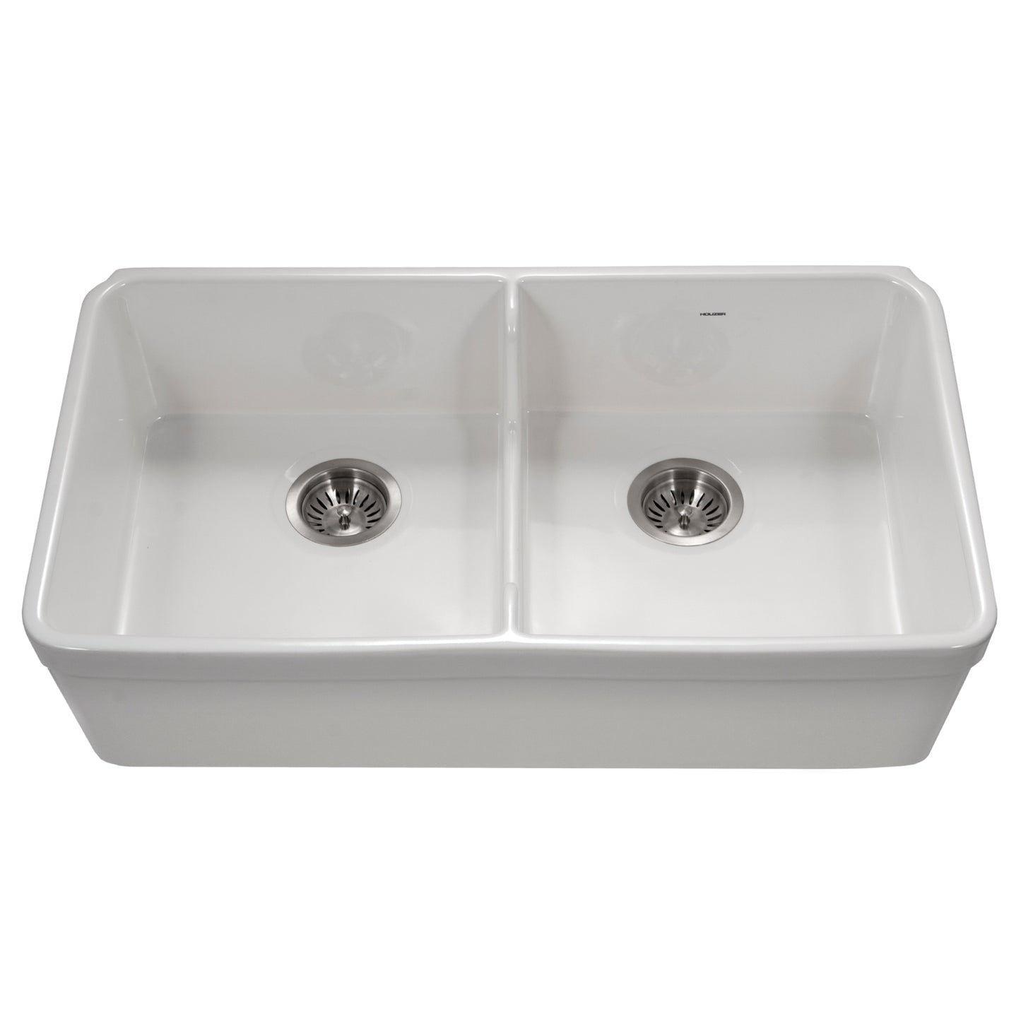 Houzer Platus 32 inch Fireclay Apron Front Farmhouse 50/50 Double Bowl Kitchen Sink with Low Divider - PTD-6400 with Basket Strainer and Basin Grids Included