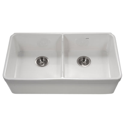 Houzer Platus 32 inch Fireclay Apron Front Farmhouse 50/50 Double Bowl Kitchen Sink with Low Divider - PTD-6400 with Basket Strainer and Basin Grids Included