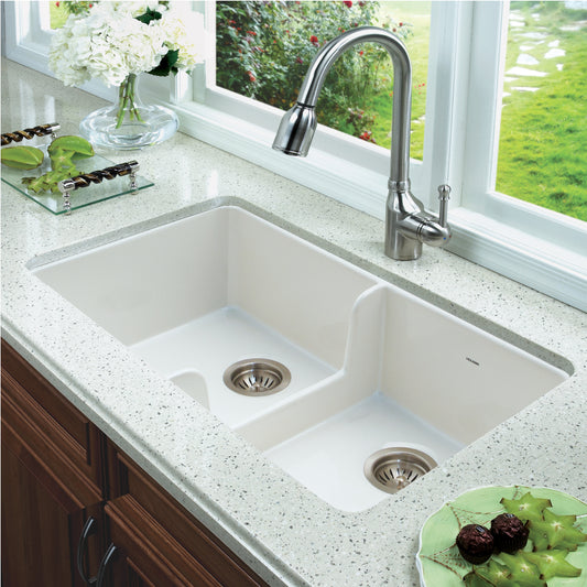 Houzer Platus 32 inch Fireclay Apron Front Farmhouse 50/50 Double Bowl Kitchen Sink with Low Divider - PTD-6400 with Basket Strainer and Basin Grids Included