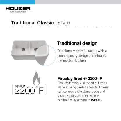 Houzer Platus 32 inch Fireclay Apron Front Farmhouse 50/50 Double Bowl Kitchen Sink with Low Divider - PTD-6400 with Basket Strainer and Basin Grids Included