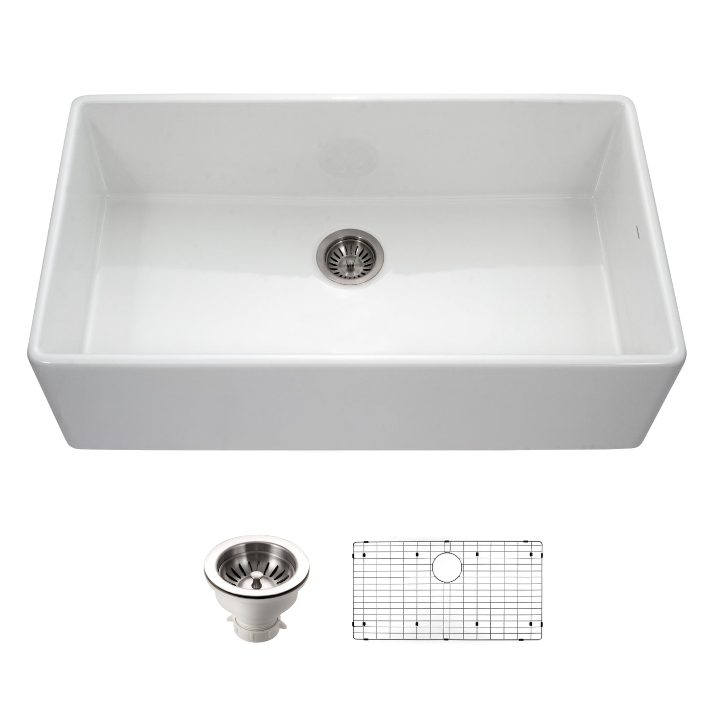 Houzer Platus 36 inch Fireclay Apron Front Farmhouse Single Bowl Kitchen Sink with Strainer & Grid - PTG-3600