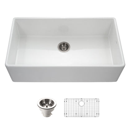 Houzer Platus 36 inch Fireclay Apron Front Farmhouse Single Bowl Kitchen Sink with Strainer & Grid - PTG-3600