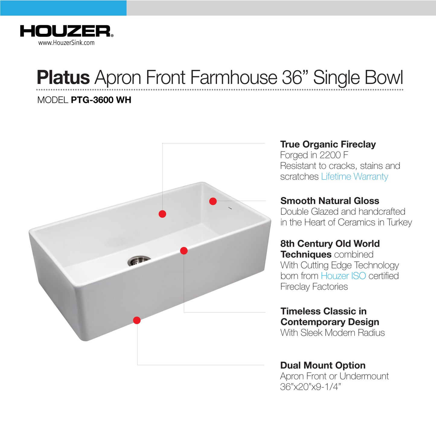 Houzer Platus 36 inch Fireclay Apron Front Farmhouse Single Bowl Kitchen Sink with Strainer & Grid - PTG-3600
