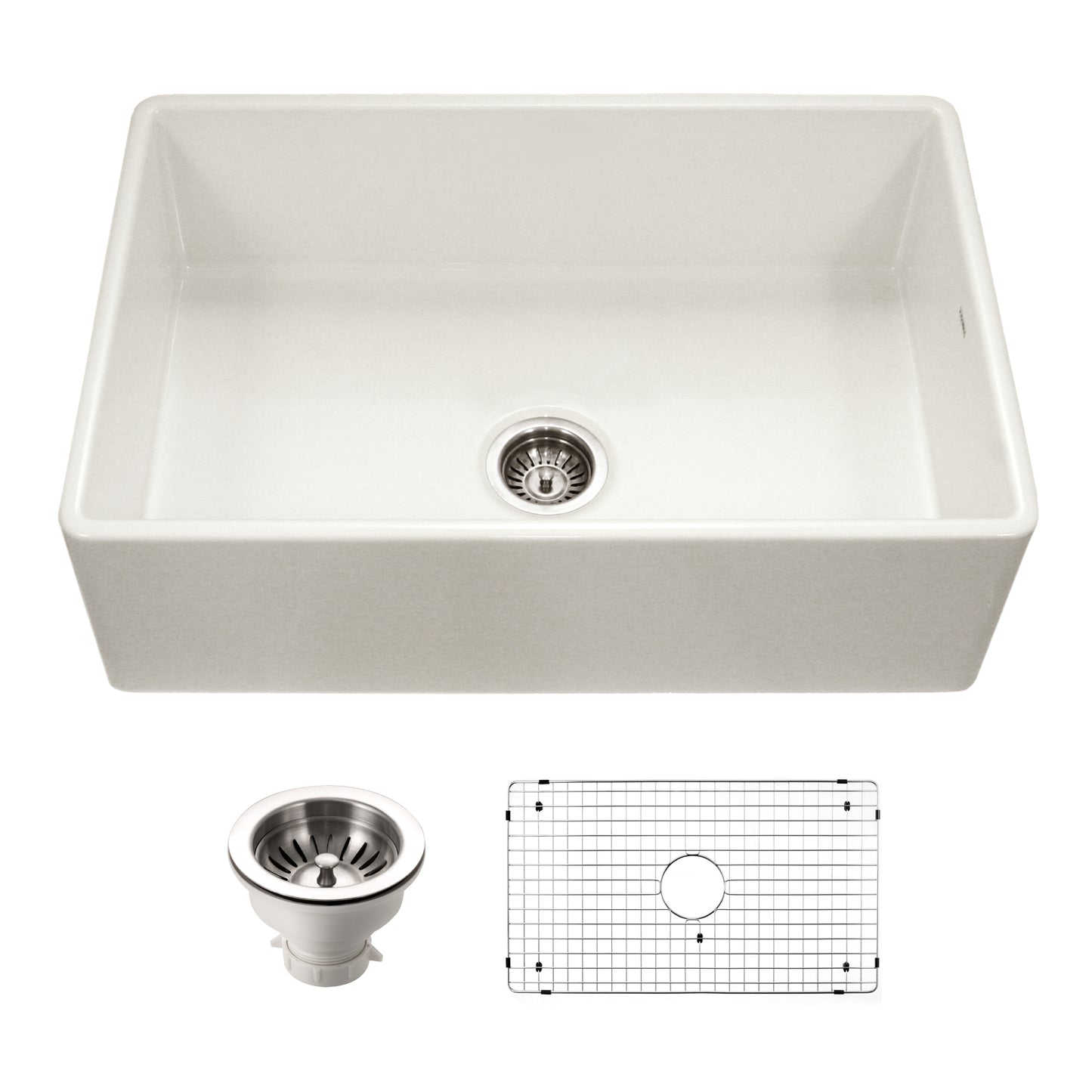 Houzer Platus 33 inch Fireclay Apron Front Farmhouse Kitchen Sink with Strainer & Grid - PTG-4300 W
