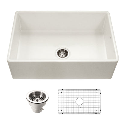 Houzer Platus 33 inch Fireclay Apron Front Farmhouse Kitchen Sink with Strainer & Grid - PTG-4300 W